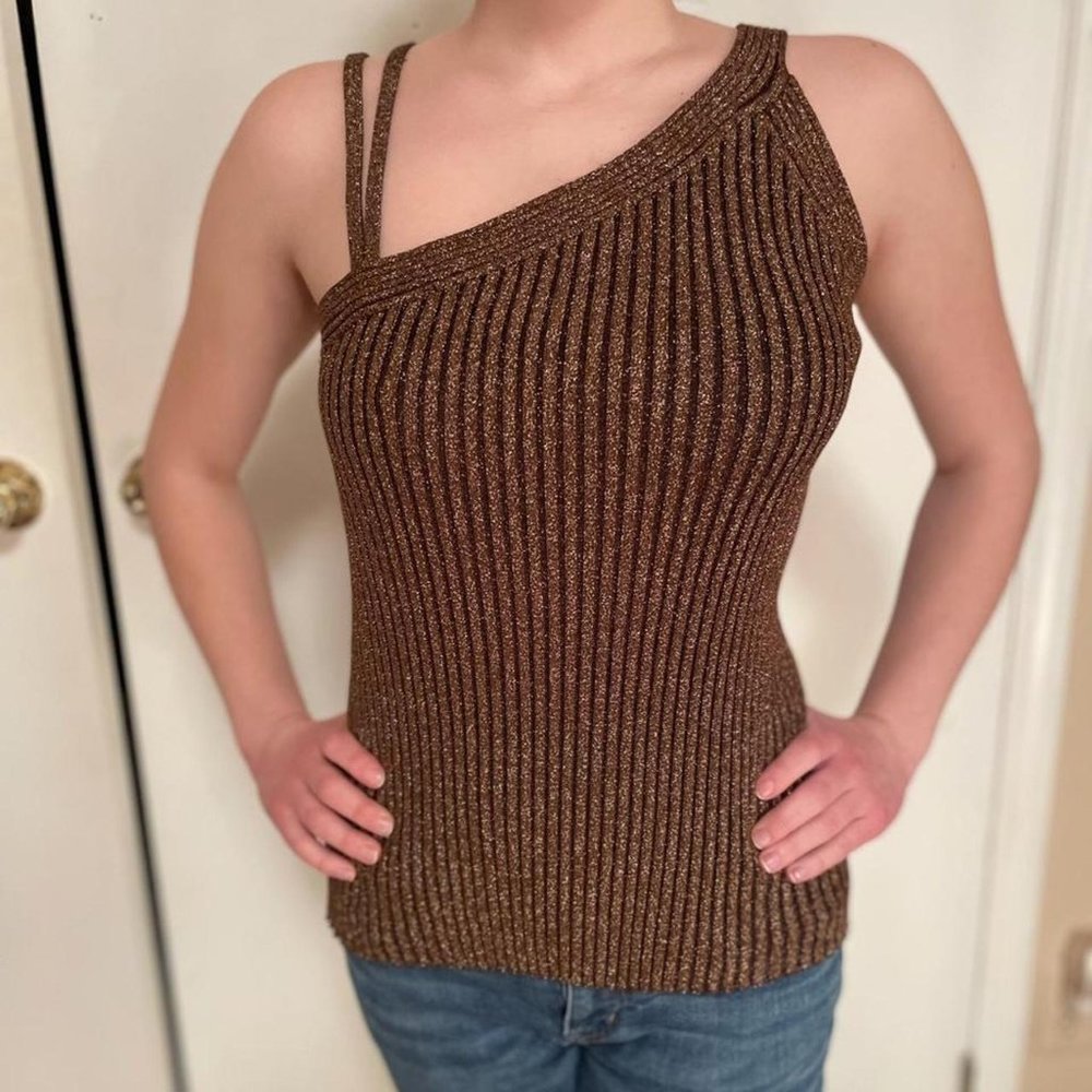 Bronze One Shoulder Tank Vtg Y2K Cache